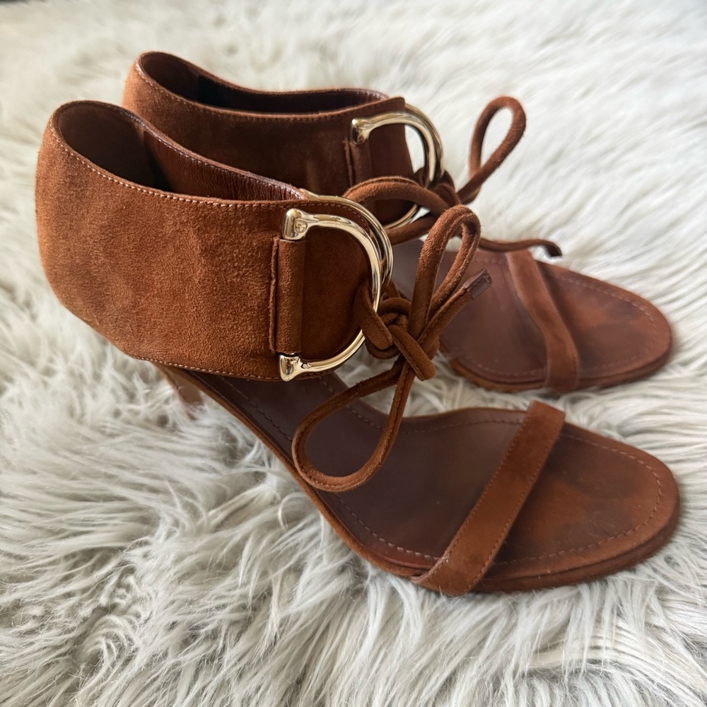 GUCCI x TOM FORD Horsebit Suede Sandal Heels Cognac Brown Size 8B - Picture 3 of 10